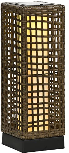Outsunny Solarlampen Rattan mit Lichtsensor, Aufladbar LED Solarleuchte IP44 Wasserdichte, Outdoor Lampe Solarlaterne Außenleuchte für Garten Balkon Hof, 15,5 x 15,5 x 46 cm, Sand