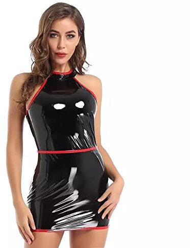 LSCOLO Latexklänning för kvinnor, sexig läderklänning, glänsande latex höftkjol högglans PVC lackläder sexig omlottklänning, Svart, L