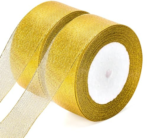 G2PLUS 2 Rotoli Nastri Natalizi Organza Ribbon,Nastro in organza Oro,Nastro di Organza Nastri Glitterato per Confezioni Regalo Vacanza,Decorazioni Natalizie,Creazioni Fai Da Te,4CM×44M(Oro)