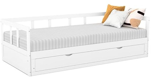 IDMarket Zoya Convertible Cama Banqueta 90 x 190 cm, 180 x 190 cm, color blanco con 1 cajón de almacenamiento