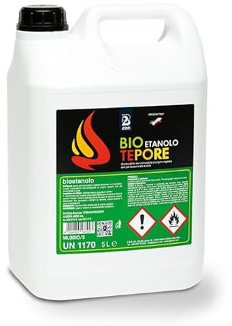 Bioetanolo 5LT Combustibile per Camini, Biocaminetti e Stufe Tepore 2BM | Bio Etanolo Inodore, Alcool Etilico di Origine Vegetale, Eco Compatibile, Pulito, Liquido | Formato Tanica 5 Litri