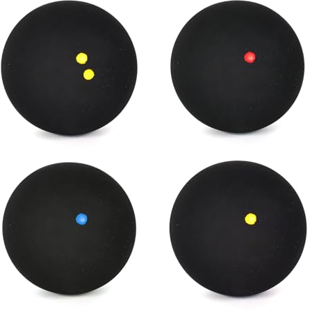 Homirty Squash Bälle 4er-Set Sport Squash Ball, Doppelgelb Punkte, einzelne gelbe Punkte, einzelne rote Punkte, einzelne Blaue Punkte, High Bounce Squash Ball für Anfänger, Wettbewerb und Training