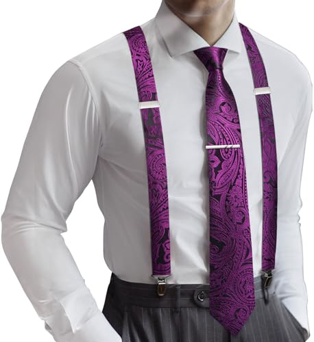 Barry.Wang Conjunto de Tirantes y Corbatas para Hombre Tipo X Tirantes y Corbata Clip de Corbata Paisley Formal Boda Fiesta Graduación, Morado (, Taille unique