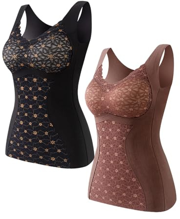 Ouruikia Femme sous-vêtements Thermiques Débardeurs Gilet en Polaire Hauts d'hiver avec Soutien-Gorge Lot de 2, Noir + Marron, M