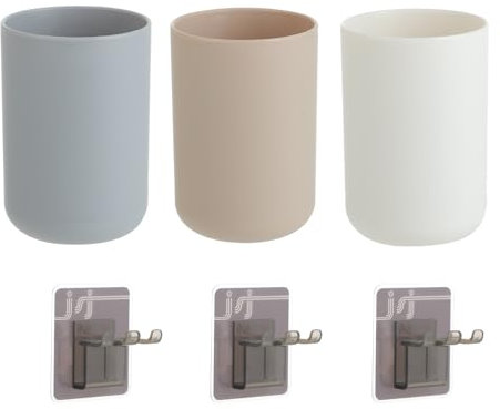 3 Stück Zahnputzbecher - Toothbrush Holder 300ml - Kunststoff in Lebensmittelqualität - Zahnbürstenaufbewahrung - Geeignet für Zahnbürsten- und Zahnpastaverwahrung (Weiß, Grau, Braun)