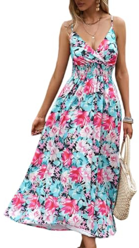 Vestido de Tirantes para Mujer Verano Elegante Ligero Largo Casuales sin Mangas Vestido Cuello en V Cintura Elástic Playa Vestido