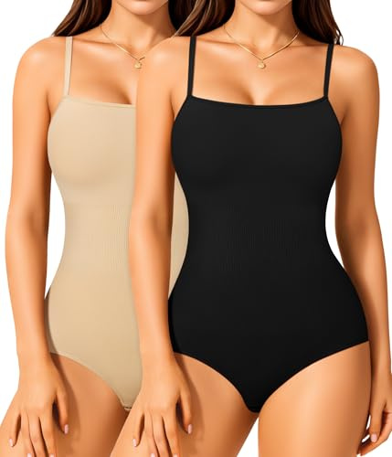 Irisnaya 2-Pack Beige Black Bodysuits Shapewear for Women Square Neck Black Body Suit Tummy Control Shapewear Slimming