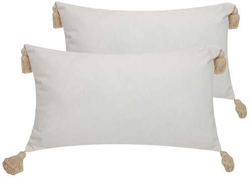 Viste tu hogar Pack 2 Cojín Decoración 100% Algodón con Borlas, Cremallera Oculta, Tejido Suave y Transpirable, Estilo Bohemio Chic para Salón, Dormitorio o Terraza, Beige, 30X50CM