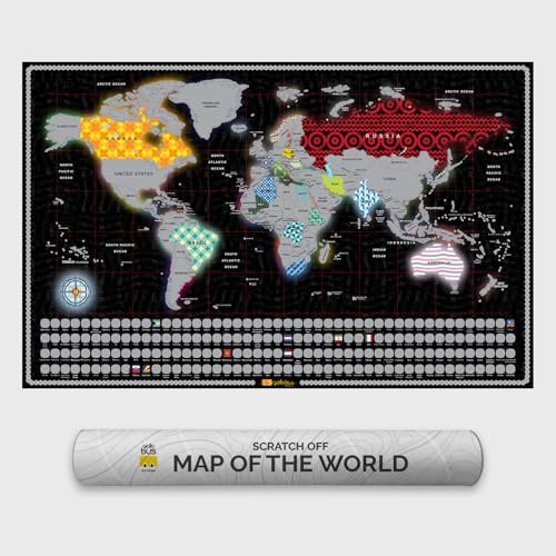 Giallobus - Mappa del mondo da grattare - Scratch off map - Carta Patinata - 68L x 43,5l cm - 01 - Glowing pattern - Idee regalo - Grattabile con bandiere - argento
