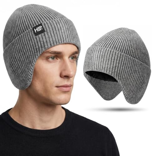HASAGEI Berretto Protettivo per Le Orecchie, per Uomini e Donne, Caldi Cappelli Invernali in Maglia per Escursioni all'aperto, Sci, Corsa, Passeggiate con Il Cane, Grigio con Pile, Taglia Unica