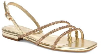 ESSEX GLAM Women's Flat Strappypy Sandals Ladies Sparkly Diamante Slingback Gold Metallic Strappy Holiday Dressy Shoes Size 7
