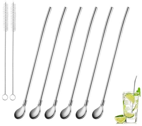 Cuchara de Paja,6 PCS Bombilla Mate de Acero Inoxidable Reutilizable Set de Pajitas con Cuchara de Filtro y Cepillo de Limpieza para Beber Yerba Mate Café Bebidas Heladas y Cócteles