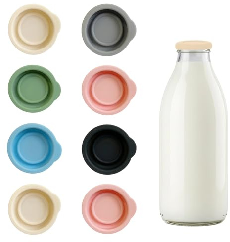 8 Pack Reusable Silicone Milk Bottle Tops and Bottle Caps for UK One Pint Glass Milk Bottles, Dishwasher Safe, Leakproof, Multicolour (8 pcs)