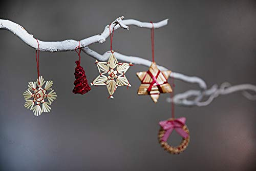 Heitmann Deco Strohstern Set 25-teilig – Weihnachtlicher Christbaumschmuck aus Naturmaterial – Stroh-Anhänger mit rotem Band für Tannenbaum & Deko