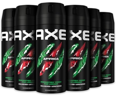 Axe Deodorante Uomo, Axe Africa, Freschezza Fino a 48h di Protezione, Deodorante Spray, Senza Sali di Alluminio, Adatto per Ascelle e Corpo*, Tecnologia Proteggi Odori, 6 Pezzi da 150 ml