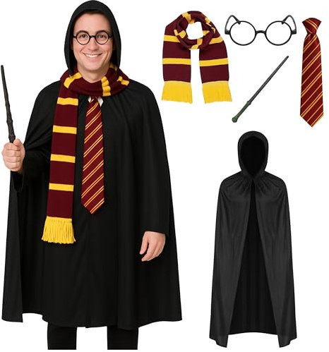 5pc Adult Wizard Costume - Wizard Accessories With Black Hooded Cape, Red and Yellow Scarf, Magic Wand, Red and Yellow Tie, Black Glasses Fancy Dress for World Book Day or Halloween Costumes for Men