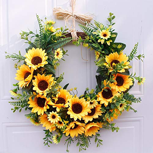 LAMF Artificial Sunflower Summer Wreath, 16 Inch Decorative Floral Wreath with Yellow Sunflower and Green Leaves Front Door Wreaths for All Seasons
