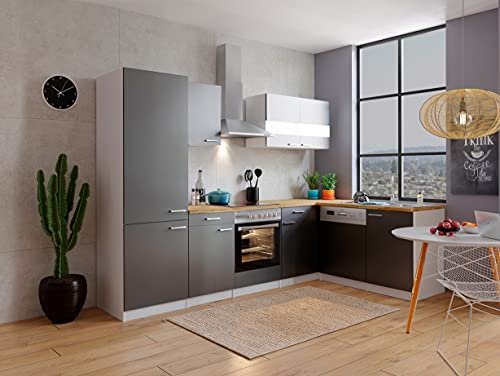 respekta Küche Küchenzeile Küchenblock Winkelküche Weiß Grau Malia 280 x 172 cm