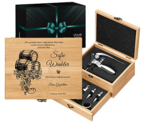 Maverton Weinöffner-Set personalisiert Weinset Sommelier Set - Geschenkbox Holzbox + 8er Weinzubehörset - aus Bambus - Braun - Geschenk zum Geburtstag für Frauen - Weintraube
