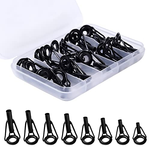KINBOM Kit de Reparación de Caña de Pescar, 1,8-3,2mm Acero Anillo de Punta de Caña de Pescar con Plástico Caja Punta de Caña de Pescar para Agua Dulce Agua Salada Amantes de Pesca (Negro, 8 Tamaños)