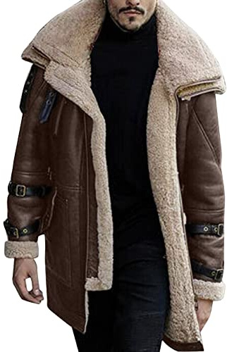L9WEI Manteau homme long épais veste en cuir pour d'hiver fausse fourrure transition col peau de mouton cachemire vestes d'hiver, café, XL, XL