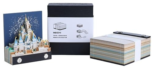MEICHI 3D Notizblock, nicht verklebt, 3D Schlossmodell Papierkunst mit Anzeigebox glasklar, 9 x 8 x 4 cm, 140 Blätter, Tischdeco