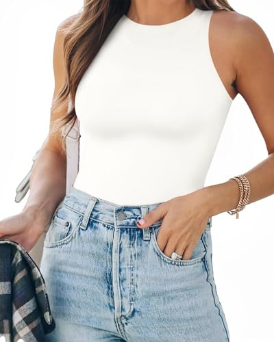Shen&Qege Body para mujer, cuello redondo, sin mangas, corte ajustado, camiseta de tirantes, Blanco, S
