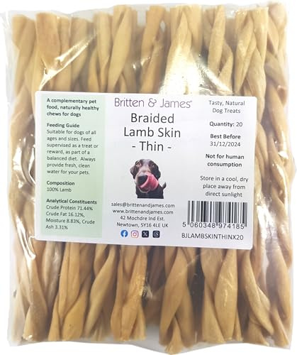 20 Thin Braided Lamb Skin Sticks for Dogs (280g) by Britten and James