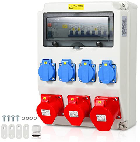 Herrselsam Baustromverteiler, 1X32A 2X16A 4x230V MIT LS+FI mit Leitungsschutzschalter und RCCB, 5 polig Wandverteiler mit 4 Schutzkontaktsteckdosen und CEE 16/32A, Innen Außenbereich auf Baustellen