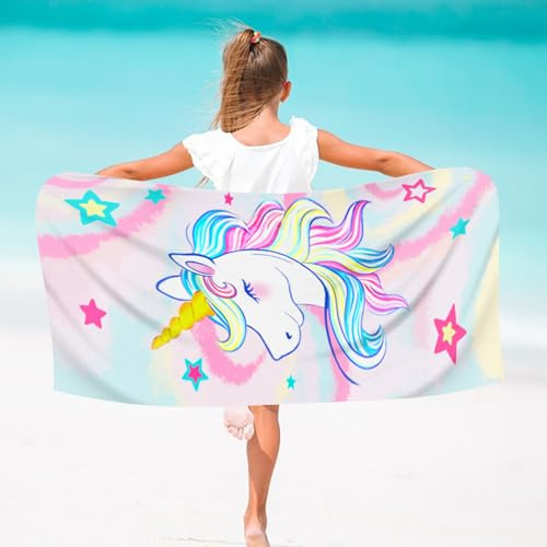 VAVICRAP enhörning handduk 76 x 150 cm mikrofiberhandduk barn strandhandduk flickor enhörning strandhandduk barn flickor snabbtorkande badhandduk för bad pool resor simning duschhandduk