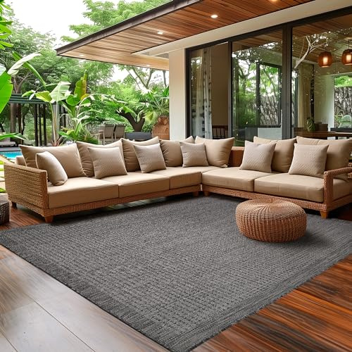 SIMPEX Outdoor Teppich Wetterfest Terrasse Balkon Garten Küchenteppich Einfarbiges Design Flachgewebe Sisal Look Waschbarer Teppich, Größe: 240 x 340 cm, Farbe: Schwarz