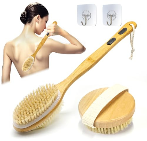 YUNYU Wet & Dry Brushing Body Brush Set, 2pcs Long Handle Back Scrubber & Round Head Dry Brush, Double-Sided for Exfoliation, Dead Skin Removal, Blood Circulation, for Men & Women