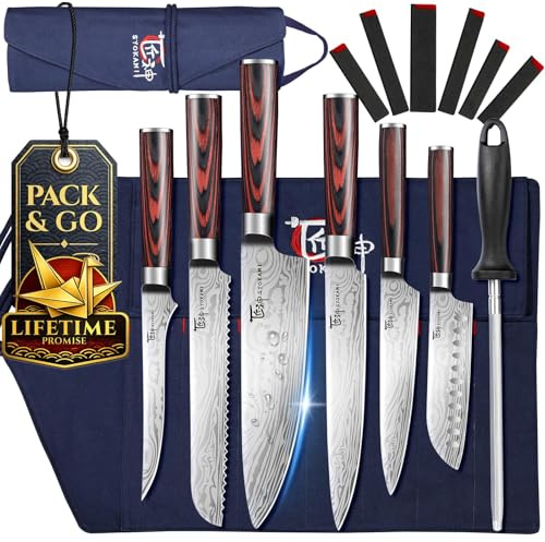 SYOKAMI Knife Set, 9 Piece Japanese Kitchen Chef Knife Sets with Roll Bag, Professional Wooden Handle, High Carbon Steel Kitchen Knives with Case for Cooking Camp Outdoor Travel