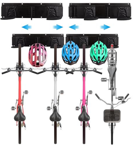 AHAQU Supports muraux pour vélo, pour 4 vélos et 3 casques, rangement intérieur réglable pour vélo monté pour garage, gain de place, rangement vertical pour vélos de montagne ou de route