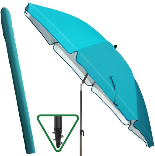 Menz Sonnenschirm Strand im 3er-Set, Türkis - Strandschirm windfest stabil Ø 180 cm + Rasendorn Sonnenschirmhalter + Sonnenschirmhülle, UV 50+ Sonnenschirm mit Rasendorn, Schirmspieß für Garten