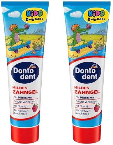 Dontodent Kids Mildes Zahngel, Kinderzahnpasta mit Fluorid, Himbeer-Geschmack, für Kinder 0-6 Jahre 2x100ml