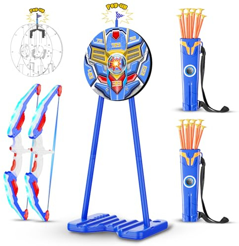 DX DA XIN Tir a l Arc Enfants Jouet 2 Pack - Cible de Rétroaction Debout Arc et Flèche avec LED Lumières 20 FlèChes 2 Cuisiniers Intérieur Extérieur Sportifs Jouet Garcon 4-12 Ans Cadeaux Créatifs