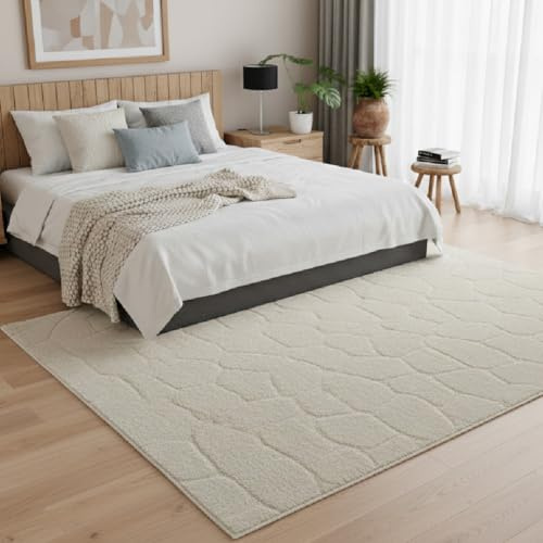 Alfombra Blanca con Relieve Tipo Piedra – 100% Polipropileno, 22 mm Altura – Antideslizante con Fieltro – 10 Tamaños – Ideal para Dormitorio y Salón- 100x100 cm