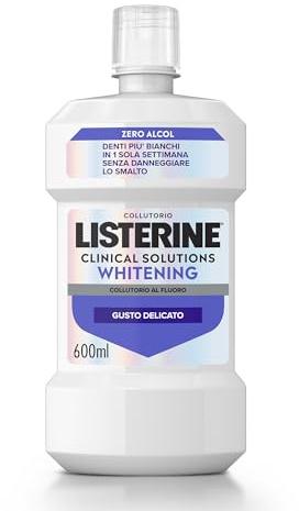 LISTERINE Clinical Solutions Whitening, Collutorio sbiancante 0% alcol al gusto delicato di Menta, Collutorio senza alcool per denti più bianchi in una settimana* e un'igiene orale completa, 600 ml