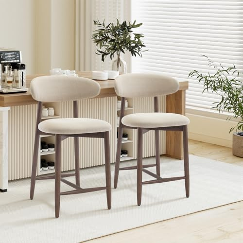 COLAMY 2PCS Counter Height Bar Stools with Back, Modern Upholstered Bar Chairs with Ergonomic Backrest & Footrest, Rubberwood Frame, Breathable Fabric, Padded Seat for Kitchen Island & Home Bar