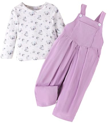UUAISSO Abbigliamento per Bambine Completo Neonate Composto da Top a Maniche Lunghe Righe e Floreale Salopette e Pantaloni Viola 12-18 mesi