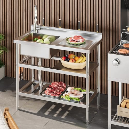 Garvee Évier utilitaire autoportant en acier inoxydable – 39 avec robinet eau chaude/froide, égouttoir, étagère, porte-couteaux – Pour cuisine, buanderie, garage, jardin, intérieur/extraérieur