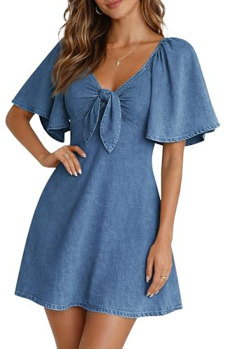 Fengbay Denim Dresses for Women UK Bow Tie V Neck Flutter Sleeve Summer | Ladies Mini Jean Dress Soft Stretch Cotton Denim,Smocked Back & A-Line,Suitable For Holiday Trips & Casual Daily Wear