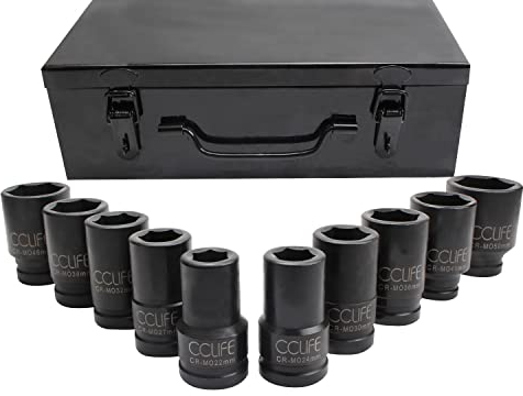 CCLIFE 10tlg 3/4 zoll Kraft Schlagschrauber Nüsse Sechskant Nuss Schlagnuss 22-50MM lang Steckschlüsselsatz Stecknuss Set