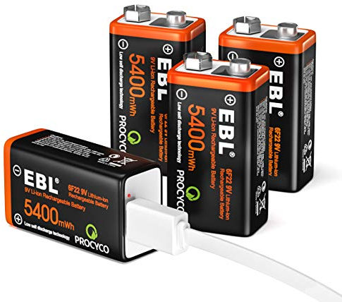 EBL 4PCS Piles 9V Rechargeables 5400mWh, Batteries 9V 6F22 Rechargeables Li-ION, Charge Directe