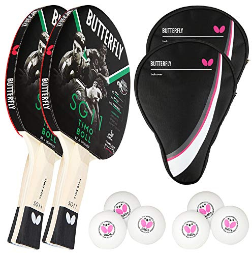 Butterfly Timo Boll 2 x SG11 Tischtennisschläger + 2 x Tischtennishülle Drive Case + 2 x 3*** ITTF R40+ Tischtennisbälle | Tischtennisschlägerset | Tischtennis Hobby Set