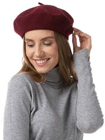 French Style Solid Color Wool Berets Beanies Cap Hats Vintage Hat (Burgundy)