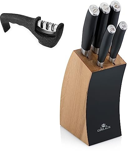 Gerlach Deco Bloque de 5 Cuchillos con Afilador, Acero Inoxidable, Madera de Haya, Cuchillo de Pan, de Verduras, Negro