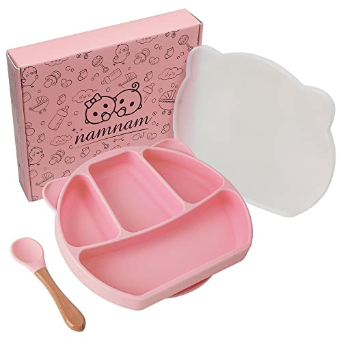 Baby Teller Kinderteller mit Saugnapf - Rutschfester & verschließbarer Esslernteller für Kleinkinder mit Unterteilung und Deckel - Kindergeschirr Baby Geschirrset - BPA freies Silikon (Rosa)