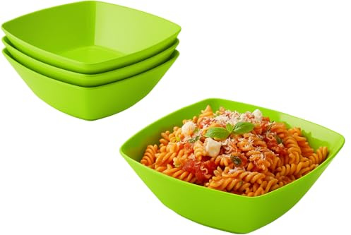 Buzztrove 4 Pack Plastic Bowls 16x16cm Green – Reusable Square Serving Bowls – Durable Plastic Pasta, Fruit & Salad Bowls – Lightweight Green Party Bowls.
